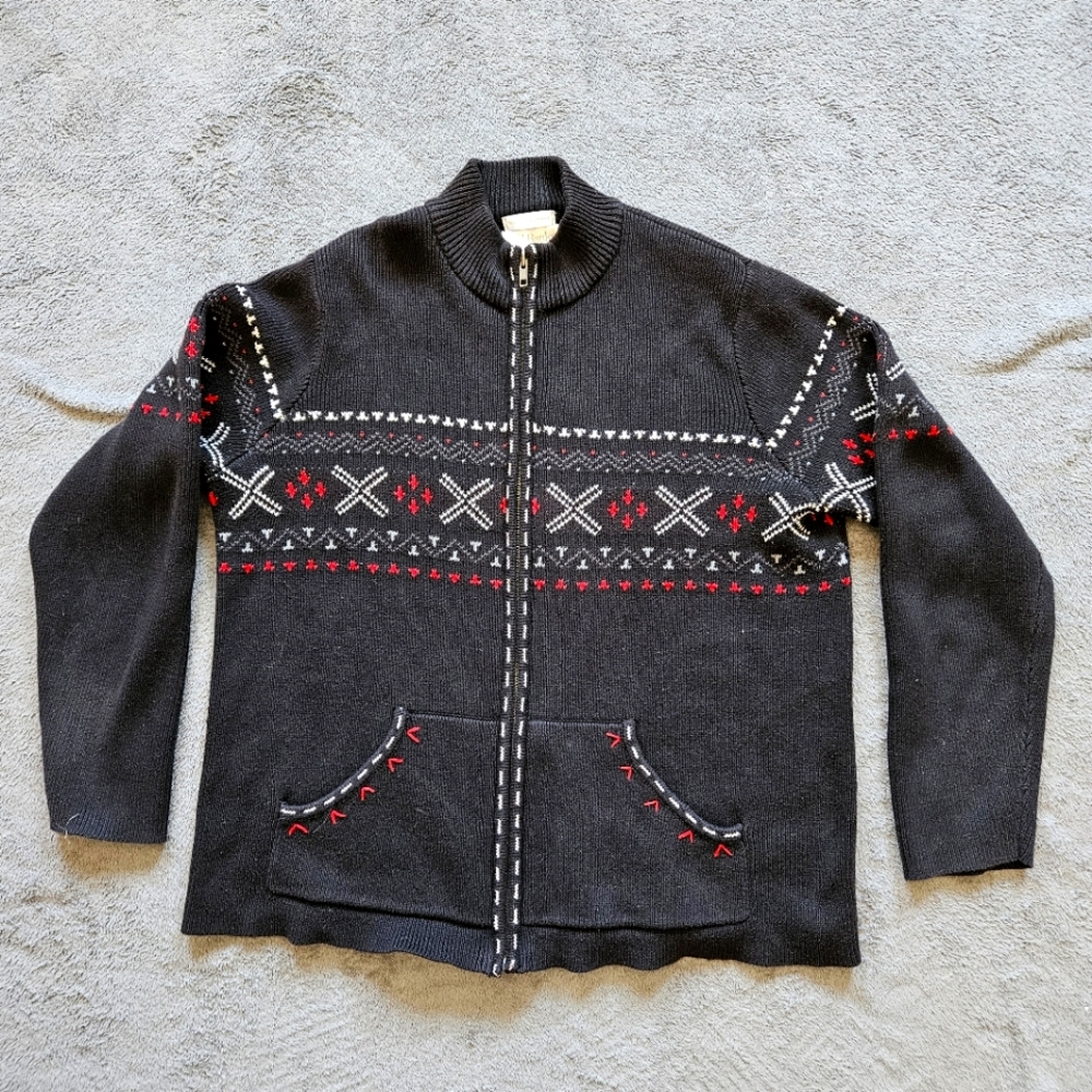 C. J. Banks, 1X Embroidered, Charcoal Grey Knit Full Zip Sweater